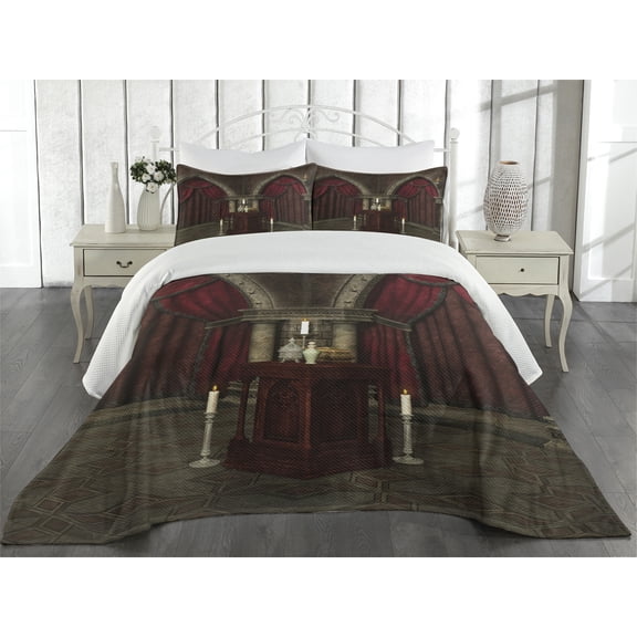 Ambesonne Gothic Quilted Bedspread Set 3 Pcs, Mysterious Room Castle, King Size, Black and Red