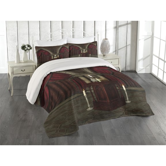 Ambesonne Gothic Quilted Coverlet 3 Pcs, Mysterious Room Castle, Queen Size, Black and Red