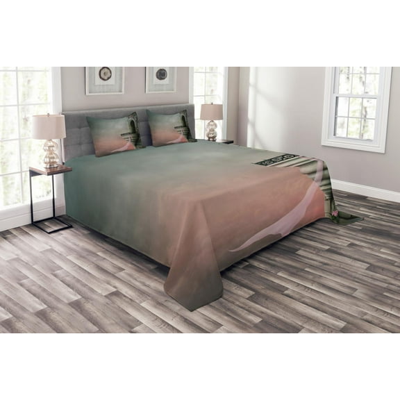 Ambesonne Gothic Quilted Bedspread Set 3 Pcs, Old Medieval Tower Rose, King Size, Pink Grey