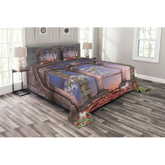 Ambesonne Gothic Quilted Bedspread Set 3 Pcs, Secret Garden, Queen Size, Lilac Grey Blue