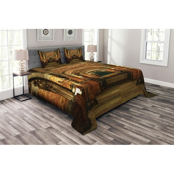 Ambesonne Gothic Quilted Bedspread Set 3 Pcs, Secret Passage Medieval, Queen Size, Brown and Red