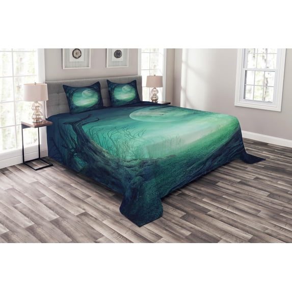 Ambesonne Gothic Quilted Bedspread Set 3 Pcs, Spooky Valley in Woods, King Size, Navy Green