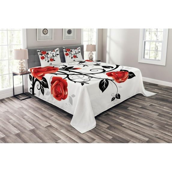 Ambesonne Gothic Quilted Bedspread Set 3 Pcs, Swirling Roses Garden, Queen Size, Vermilion Black White