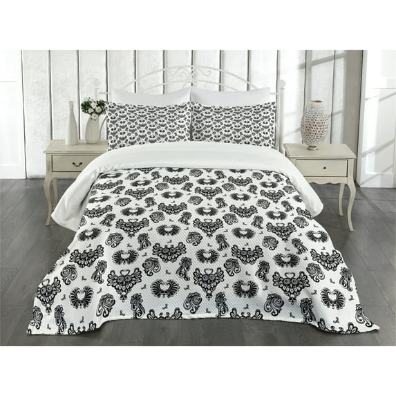Ambesonne Gothic Quilted Bedspread Set 3 Pcs, Victorian Owls Flourish, Queen Size, Black Grey White