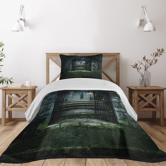 Ambesonne Gothic Quilted Coverlet 2 Pcs, Dark Haunted Castle, Twin Size, Green Grey