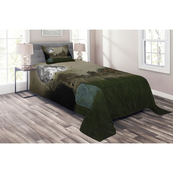 Ambesonne Gothic Quilted Coverlet 2 Pcs, Old Village and Grave, Twin Size, Beige Green