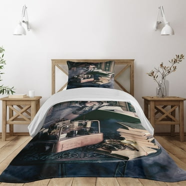 Ambesonne Gothic Quilted Coverlet 2 Pcs, Steampunk Woman Vintage, Twin Size, Brown Teal