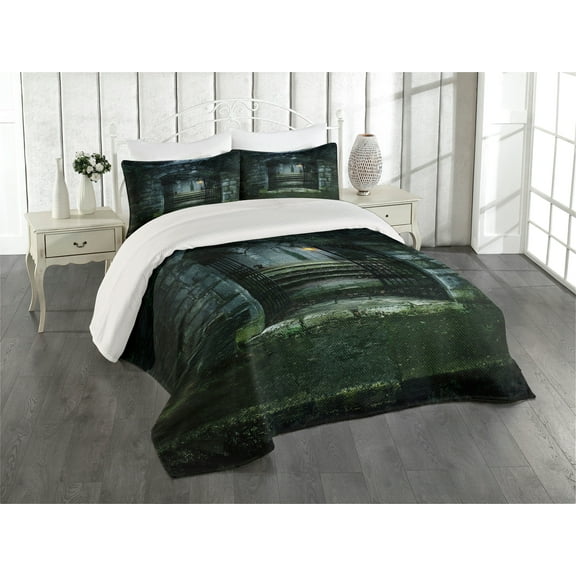 Ambesonne Gothic Quilted Coverlet 3 Pcs, Dark Haunted Castle, Queen Size, Green Grey