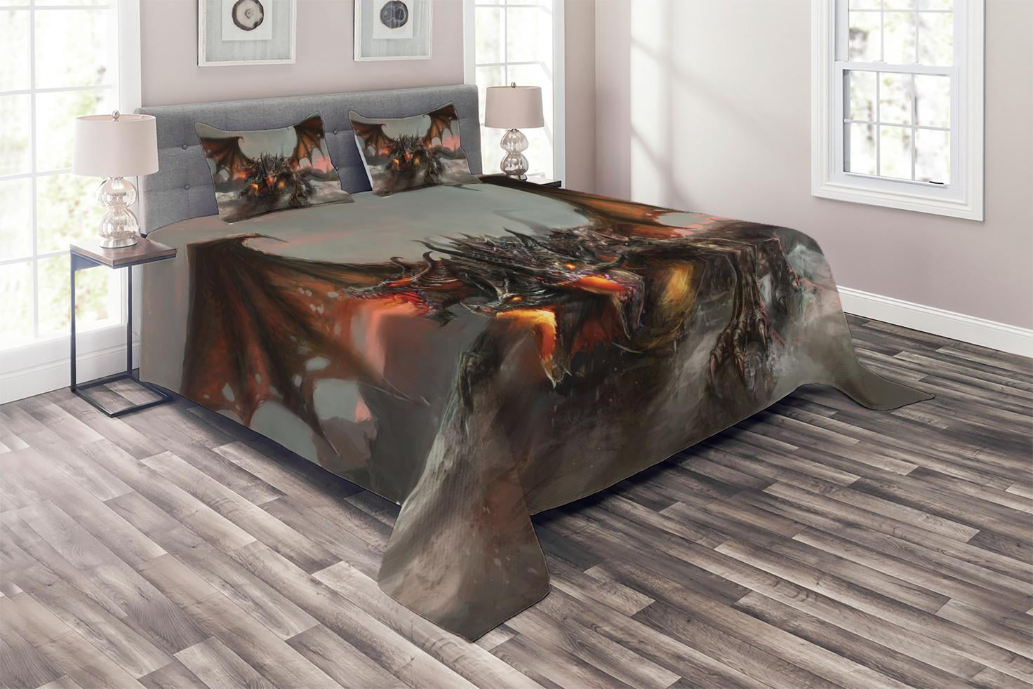 Gothic Dragon Monster Gray Quilted Queen Bedspread Set