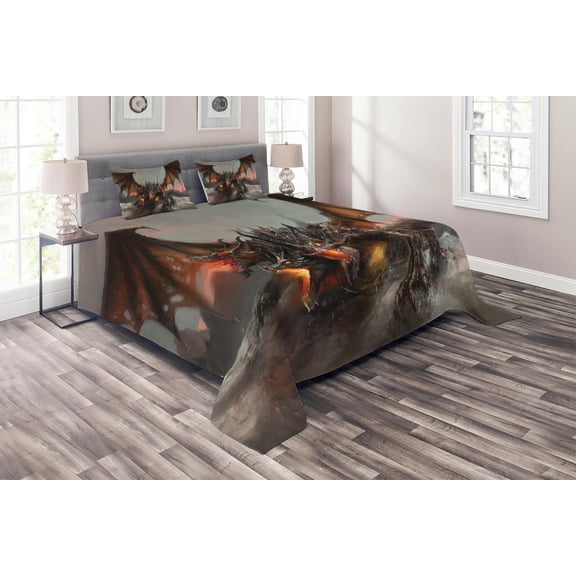 Ambesonne Gothic Quilted Coverlet 3 Pcs, Dragon Monster, Queen Size, Brown Grey