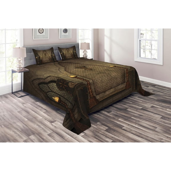 Ambesonne Gothic Quilted Coverlet 3 Pcs, Fantasy Spooky Skull, King Size, Brown