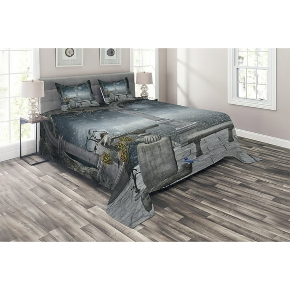 Ambesonne Gothic Quilted Coverlet 3 Pcs, Fictional Mythic Stones, Queen Size, Grey