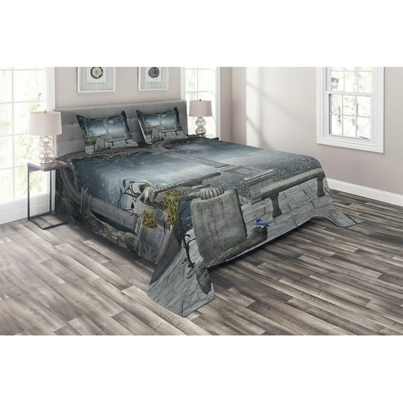 Ambesonne Gothic Quilted Coverlet 3 Pcs, Fictional Mythic Stones, Queen Size, Grey