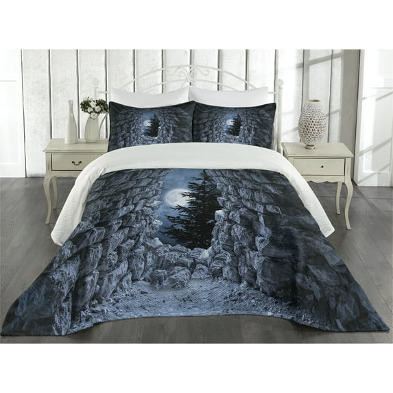 Ambesonne Gothic Quilted Coverlet 3 Pcs, Full Moon Dark Cave, King Size, Blue Grey