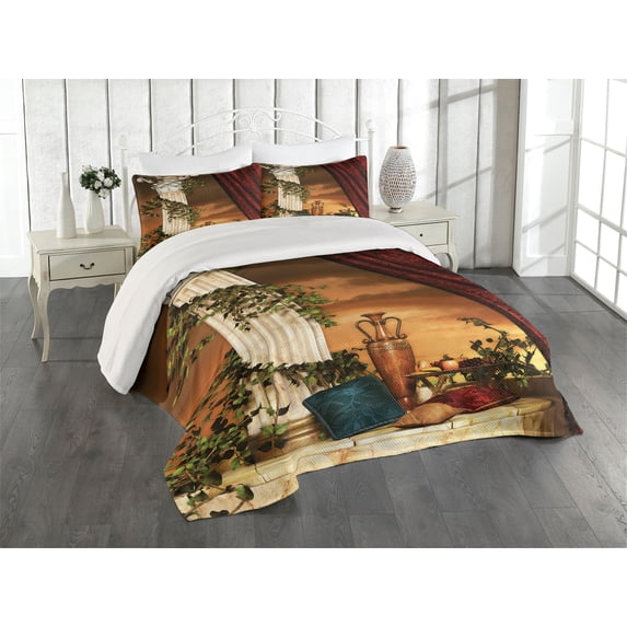 Ambesonne Gothic Quilted Coverlet 3 Pcs, Greek Scenery Sunset, Queen Size, Multicolor