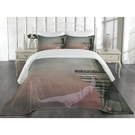 Ambesonne Gothic Quilted Coverlet 3 Pcs, Old Medieval Tower Rose, King Size, Pink Grey