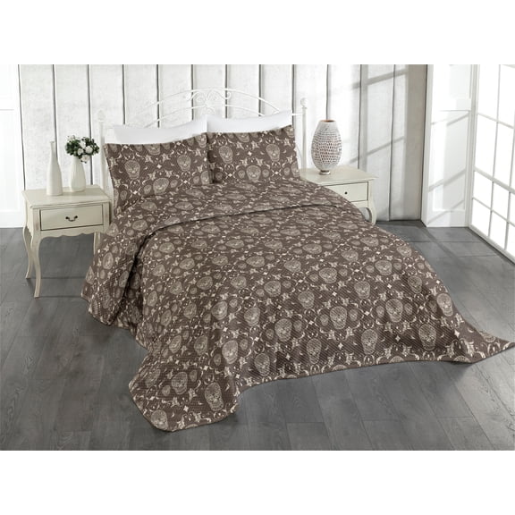 Ambesonne Gothic Quilted Coverlet 3 Pcs, Retro Rococo Skull Pattern, Queen Size, Pale Grey Umber