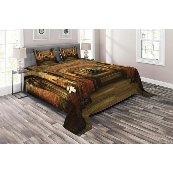 Ambesonne Gothic Quilted Coverlet 3 Pcs, Secret Passage Medieval, Queen Size, Brown and Red