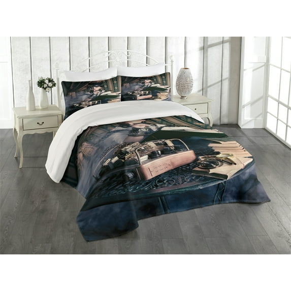 Ambesonne Gothic Quilted Coverlet 3 Pcs, Steampunk Woman Vintage, King Size, Brown Teal