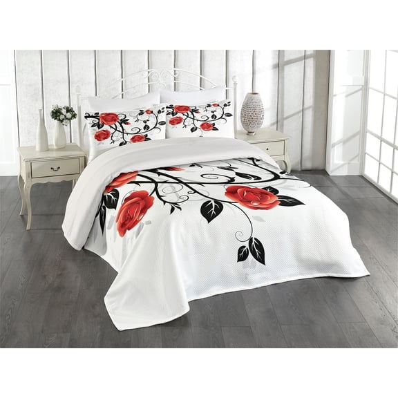 Ambesonne Gothic Quilted Coverlet 3 Pcs, Swirling Roses Garden, Queen Size, Vermilion Black White