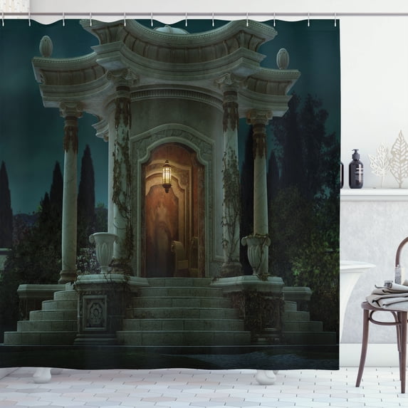 Ambesonne Gothic Shower Curtain, Roman Pavilion Mystic, 69"Wx84"L, Petrol Blue and Orange