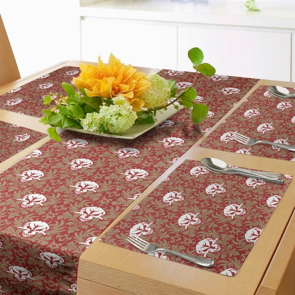 Ambesonne Gothic Table Runner & Placemats, Baroque Floral Skulls, Placemat 4 pcs + Runner 14"x72", Ruby Cocoa White