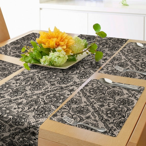 Ambesonne Gothic Table Runner & Placemats, Flowers Butterflies Lace, Placemat 4 pcs + Runner 16"x90", Tan Black