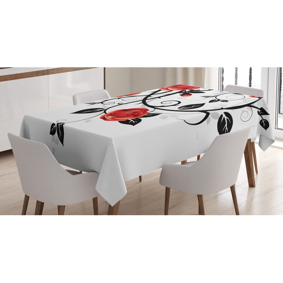 Ambesonne Gothic Tablecloth Rectangular Table Cover, Swirling Roses Garden, 60"x90", Vermilion Black White