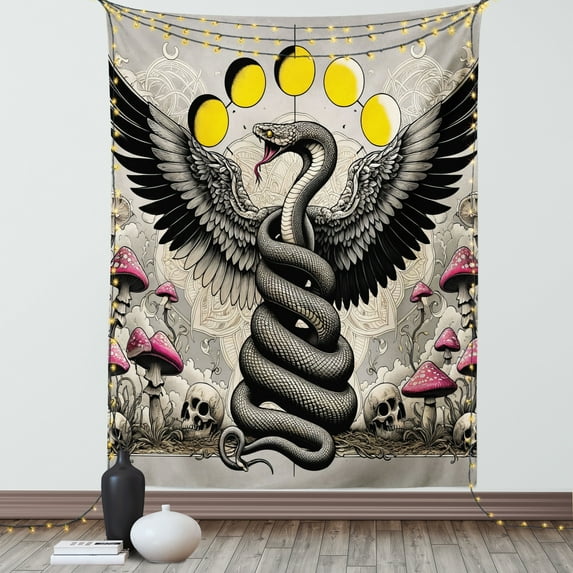 Ambesonne Gothic Tapestry Wall Hanging, Dark Dream Wingy Snake Skull, 40"x60", Mustard Pink and Grey Yellow