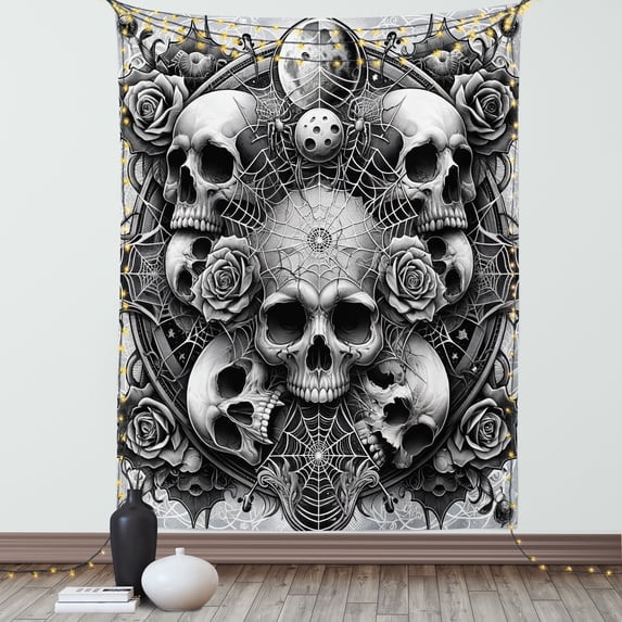 Ambesonne Gothic Tapestry Wall Hanging, Dark Neo Traditional Skulls, 60"x80", Pale Grey Dark Grey White