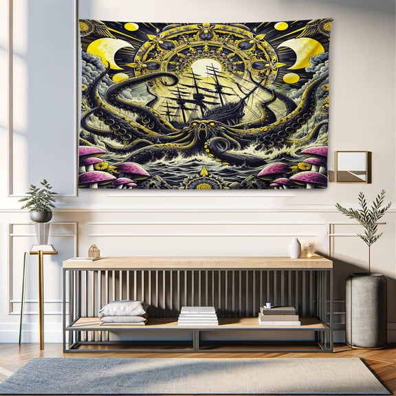 Ambesonne Gothic Tapestry Wall Hanging, Kraken Monster Mythical Art, 60"x40", Mustard Pink and Dark Grey