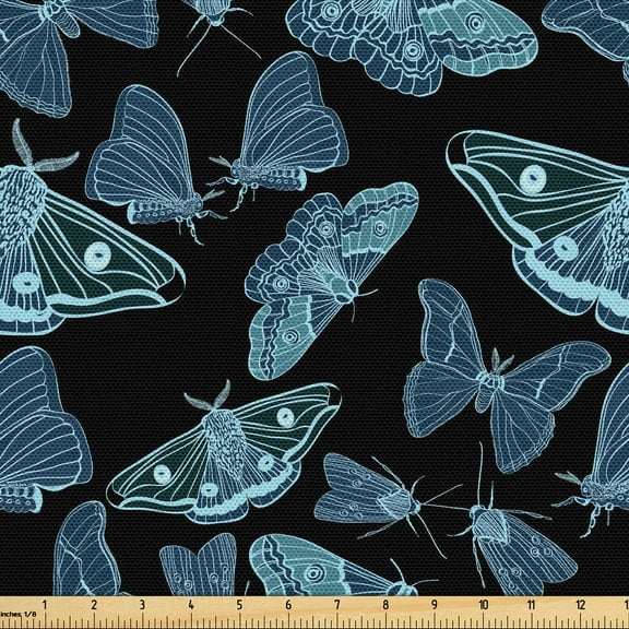 Ambesonne Gothic Themed Fabric by the Yard, Occult Moth Pattern, 5 Yards, Pale Blue Charcoal Grey