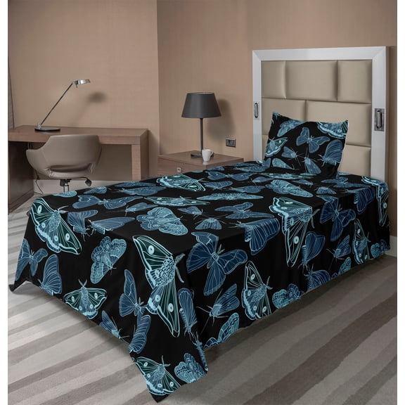 Ambesonne Gothic Themed Fitted & Flat Sheet with Sham 3 Pcs Set, Boho Moth Pattern, Twin XL, Pale Blue and Charcoal Grey