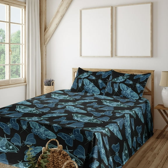 Ambesonne Gothic Themed Fitted & Flat Sheet with Shams 4 Pcs Set, Boho Moth Pattern, King, Pale Blue and Charcoal Grey