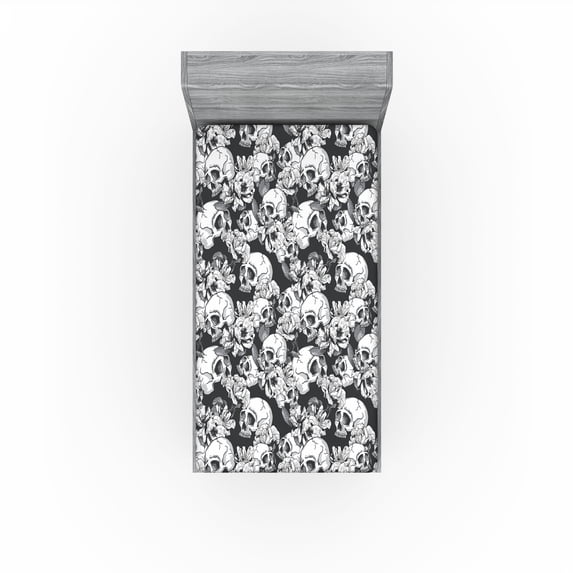 Ambesonne Gothic Themed Fitted Sheet, Spooky Skull Pattern, Twin Size, Charcoal Grey Pale Grey