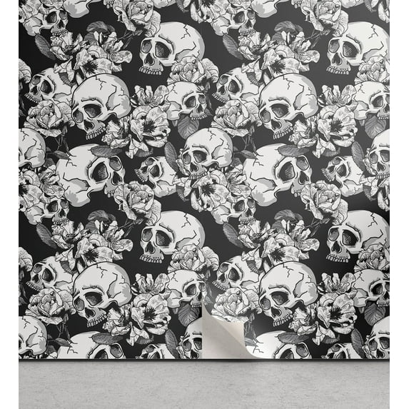 Ambesonne, Gothic Themed Peel & Stick Wallpaper for Home, Spooky Skull Pattern, 13"x100", Charcoal Grey Pale Grey