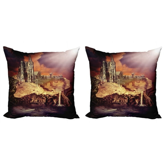 Ambesonne Gothic Throw Pillow Cover 2 Pack, Fantasy Castle Village, 16", Purple Cream