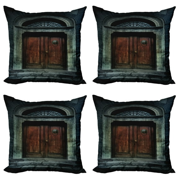 Ambesonne Gothic Throw Pillow Cover 4 Pack, Antique Wooden Door, 20", Grey Brown