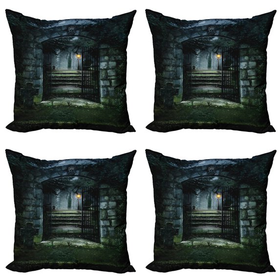 Ambesonne Gothic Throw Pillow Cover 4 Pack, Dark Haunted Castle, 16", Green Grey