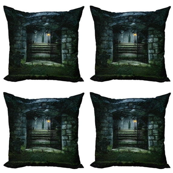 Ambesonne Gothic Throw Pillow Cover 4 Pack, Dark Haunted Castle, 18", Green Grey