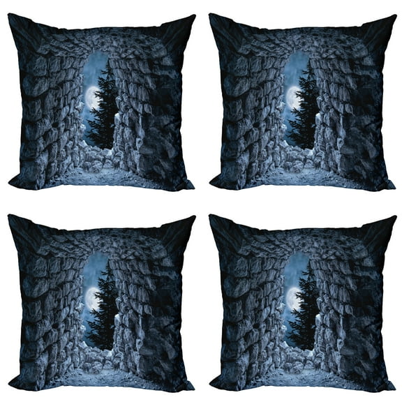 Ambesonne Gothic Throw Pillow Cover 4 Pack, Full Moon Dark Cave, 18", Blue Grey