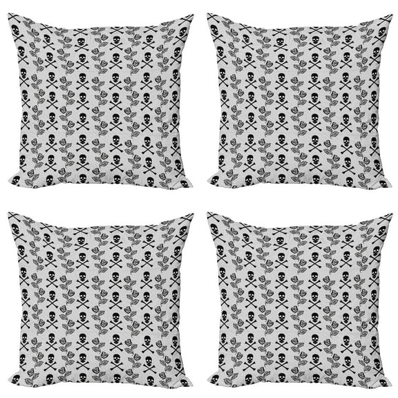Ambesonne Gothic Throw Pillow Cover 4 Pack, Lace Style Roses Skulls, 20", Black White