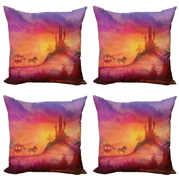 Ambesonne Gothic Throw Pillow Cover 4 Pack, Medieval Castle Kingdom, 16", Orange Purple