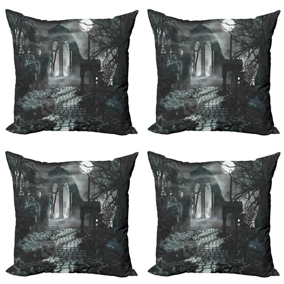 Ambesonne Gothic Throw Pillow Cover 4 Pack, Moon View in Scary Dark, 20", Blue Grey