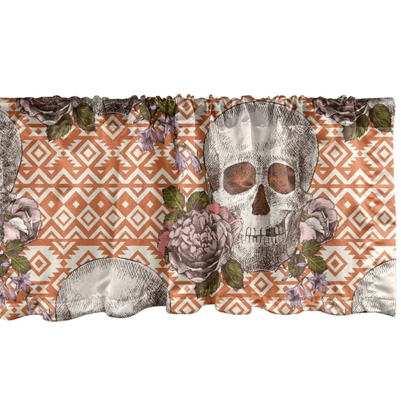 Ambesonne Gothic Window Valance with Rod Pocket, Skulls Flowers Southwestern, 54" x 12", Pale Vermilion Green and Rust