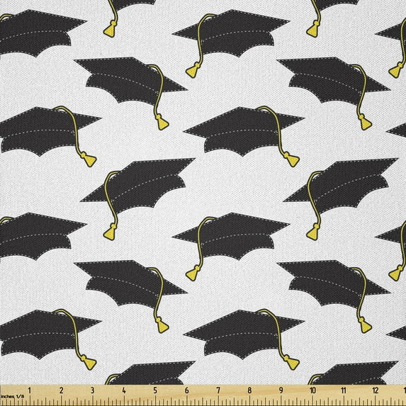Ambesonne Graduation Fabric by the Yard Microfiber, Simplistic Caps Academic, 5 Yards, Mustard Charcoal Grey