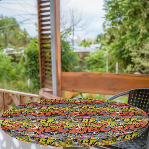 Ambesonne Graffiti Fitted Round Tablecloth, Hip Hop Culture Design, 36"- 40" Diameter, Multicolor