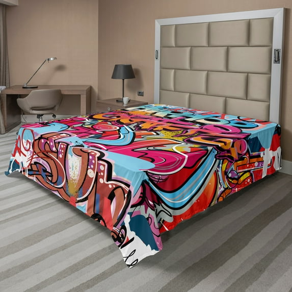 Ambesonne Graffiti Flat Sheet, Hip Hop Street Art, Queen Size, Multicolor