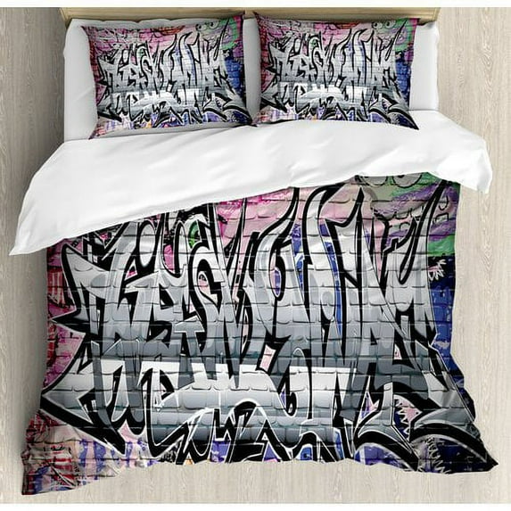 Ambesonne Graffiti Grunge Art Wall Several Creepy Underground City Urban Landscape Print Duvet Cover Set