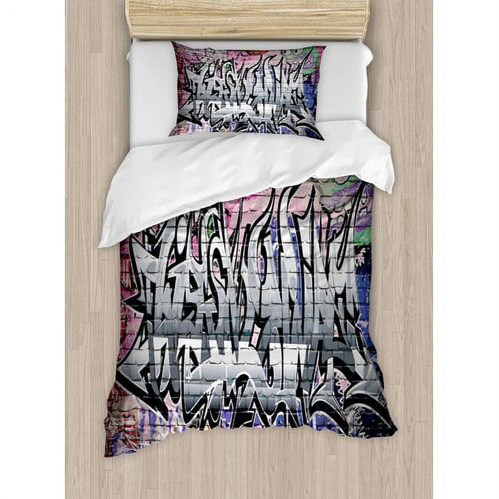 Twin Graffiti Art Black and Multicolor Polyester Duvet Cover Set